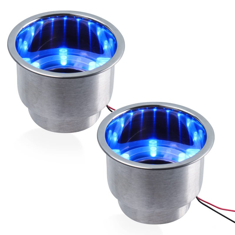 Pebbly Beach 2 PCS Stainless Steel Blue LED Cup Holder Drink Holder Insert with Drain for Marine Boat (Blue) - Image 1